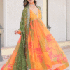 Closet view of Orange Russian Silk Digital Floral Printed Anarkali Gown with its comfortable cap ...