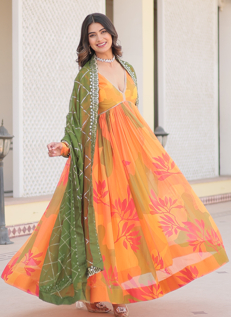 Orange Russian Silk Digital Floral Printed Anarkali Gown | Ethnic Race Orange Russian Silk Digital Floral Printed Anarkali Gown | Ethnic Race
