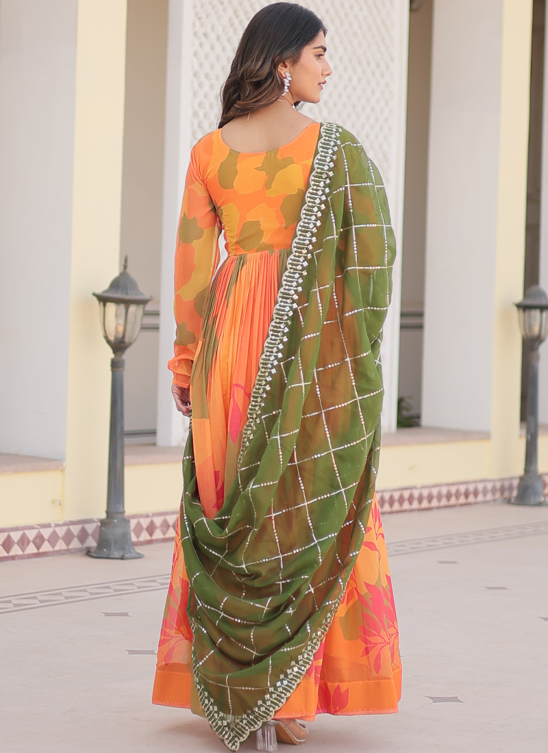 Orange Russian Silk Digital Floral Printed Anarkali Gown | Ethnic Race Orange Russian Silk Digital Floral Printed Anarkali Gown | Ethnic Race