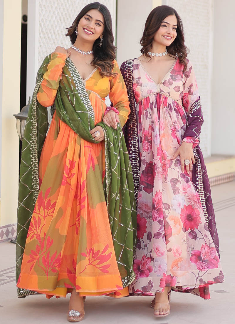 Orange Russian Silk Digital Floral Printed Anarkali Gown | Ethnic Race Orange Russian Silk Digital Floral Printed Anarkali Gown | Ethnic Race