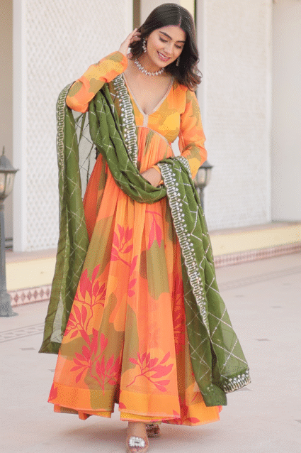 Orange Russian Silk Digital Floral Printed Anarkali Gown | Ethnic Race
