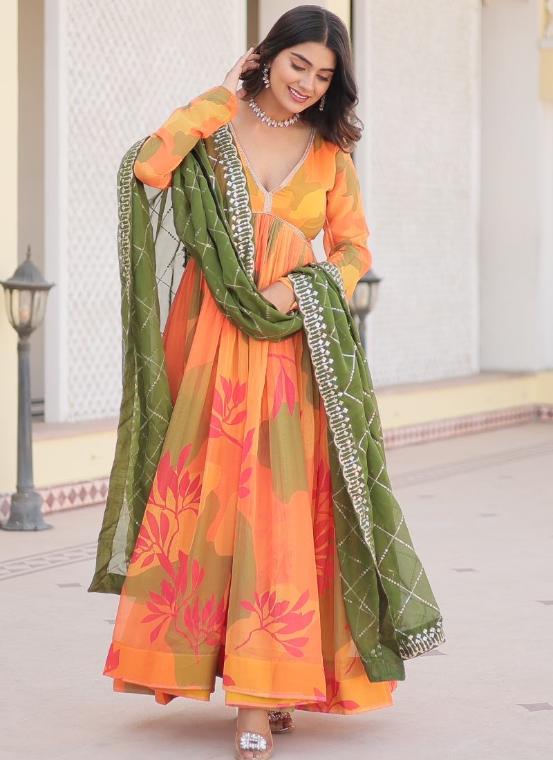 Orange Russian Silk Digital Floral Printed Anarkali Gown | Ethnic Race Orange Russian Silk Digital Floral Printed Anarkali Gown | Ethnic Race
