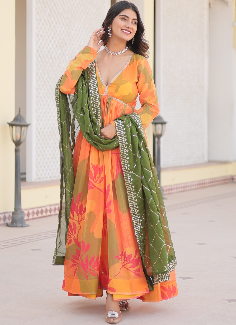 Orange Russian Silk Digital Floral Printed Anarkali Gown | Ethnic Race Orange Russian Silk Digital Floral Printed Anarkali Gown | Ethnic Race