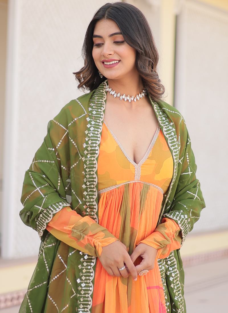 Orange Russian Silk Digital Floral Printed Anarkali Gown | Ethnic Race Orange Russian Silk Digital Floral Printed Anarkali Gown | Ethnic Race