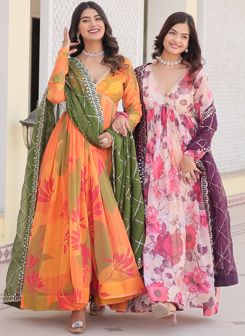 Orange Russian Silk Digital Floral Printed Anarkali Gown | Ethnic Race Orange Russian Silk Digital Floral Printed Anarkali Gown | Ethnic Race