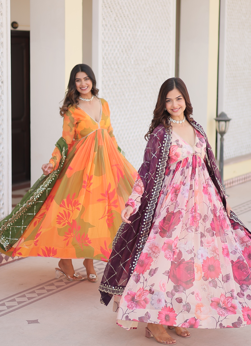 Orange Russian Silk Digital Floral Printed Anarkali Gown | Ethnic Race Orange Russian Silk Digital Floral Printed Anarkali Gown | Ethnic Race