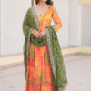 Close-up of Orange Russian Silk Digital Floral Print on Anarkali Gown showcasing fine digital pri...