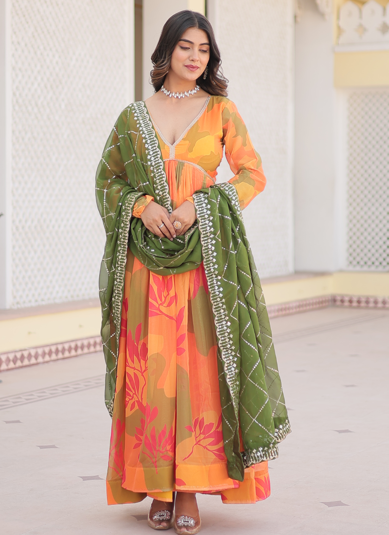 Orange Russian Silk Digital Floral Printed Anarkali Gown | Ethnic Race Orange Russian Silk Digital Floral Printed Anarkali Gown | Ethnic Race