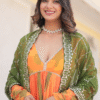 Fitted bodice and flowing train of Orange Russian Silk Digital Floral Printed Anarkali Gown showc...