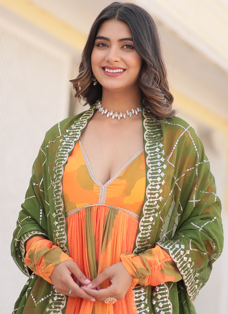 Orange Russian Silk Digital Floral Printed Anarkali Gown | Ethnic Race Orange Russian Silk Digital Floral Printed Anarkali Gown | Ethnic Race