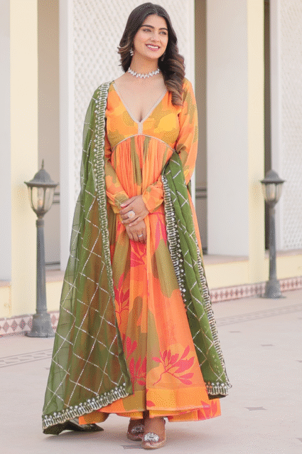Orange Russian Silk Digital Floral Printed Anarkali Gown | Ethnic Race