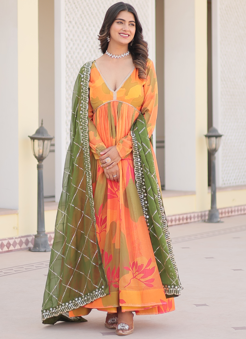 Orange Russian Silk Digital Floral Printed Anarkali Gown | Ethnic Race Orange Russian Silk Digital Floral Printed Anarkali Gown | Ethnic Race