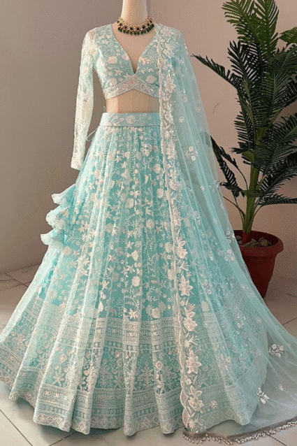 Sky Blue Embroidered Lehenga Choli for Parties | Ethnic Race