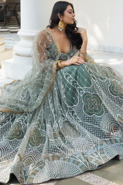 Dusty Green Thread Work Lehenga Choli with Dupatta | Party Wear