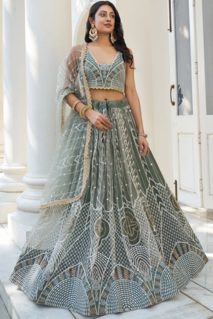 Dusty Green Thread Work Lehenga Choli with Dupatta | Party Wear