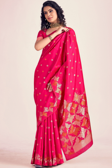 Rani Pink Banarasi Silk Saree with Zari Weaving Work | Ethnic Race