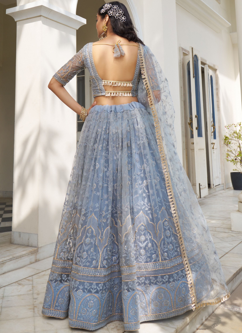 Light Blue Wedding Lehenga Choli with Butterfly Net Thread Embroidery Light Blue Wedding Lehenga Choli with Butterfly Net Thread Embroidery
