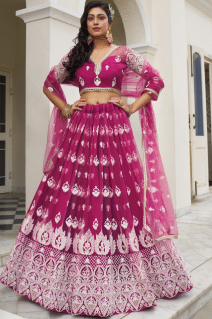 Dark Pink Net Thread Embroidery Lehenga Choli Set | Ethnic Race
