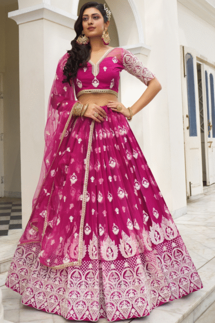 Dark Pink Net Thread Embroidery Lehenga Choli Set | Ethnic Race