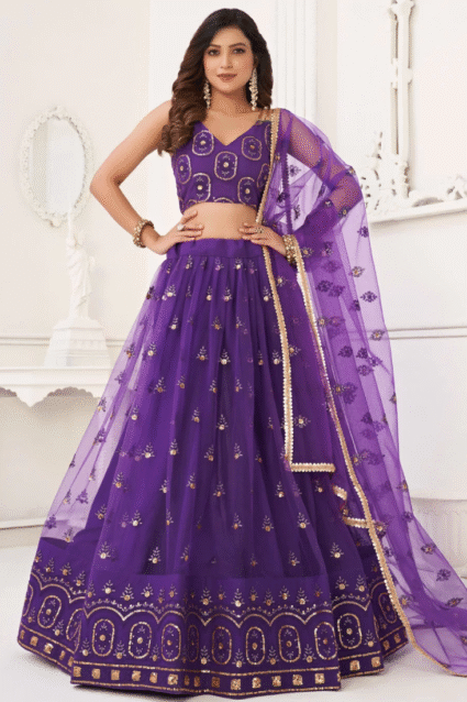 Purple Butterfly Net Lehenga Choli with Embroidery