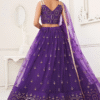 A close-up look at the beautiful embroidery work on Purple Butterfly Net Lehenga Choli with Embro...