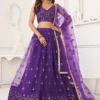 Purple Butterfly Net Lehenga Choli with Embroidery showcased in front of a elegant mirror