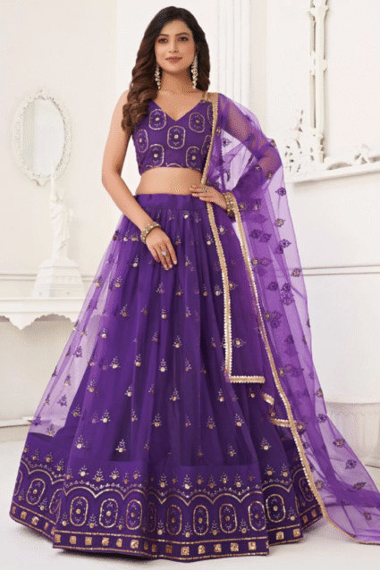 Purple Butterfly Net Lehenga Choli with Embroidery