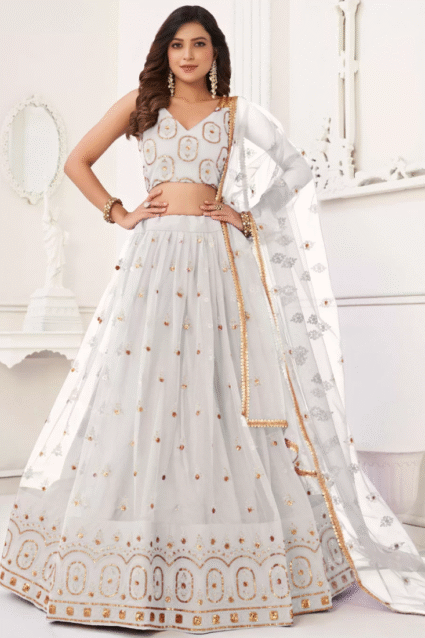 White Embroidered Lehenga Choli Set for Engagement