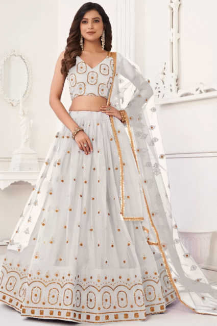 White Embroidered Lehenga Choli Set for Engagement