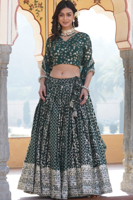 Embroidered Work Viscose Jacquard Designer Green Lehenga Choli