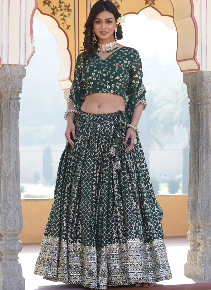 Embroidered Work Viscose Jacquard Designer Green Lehenga Choli Embroidered Work Viscose Jacquard Designer Green Lehenga Choli