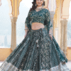 Close-up on the Intricate Embroidered Work Viscose Jacquard Fabric of the Designer Green Lehenga ...