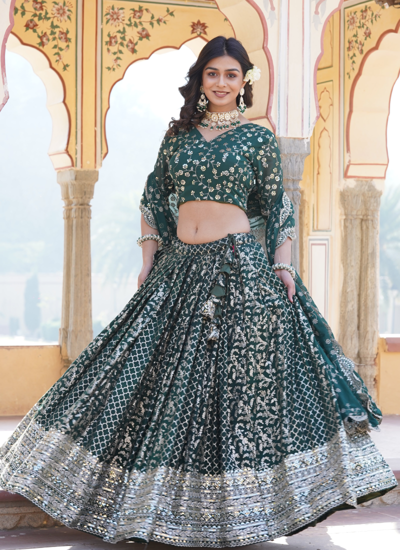 Embroidered Work Viscose Jacquard Designer Green Lehenga Choli Embroidered Work Viscose Jacquard Designer Green Lehenga Choli