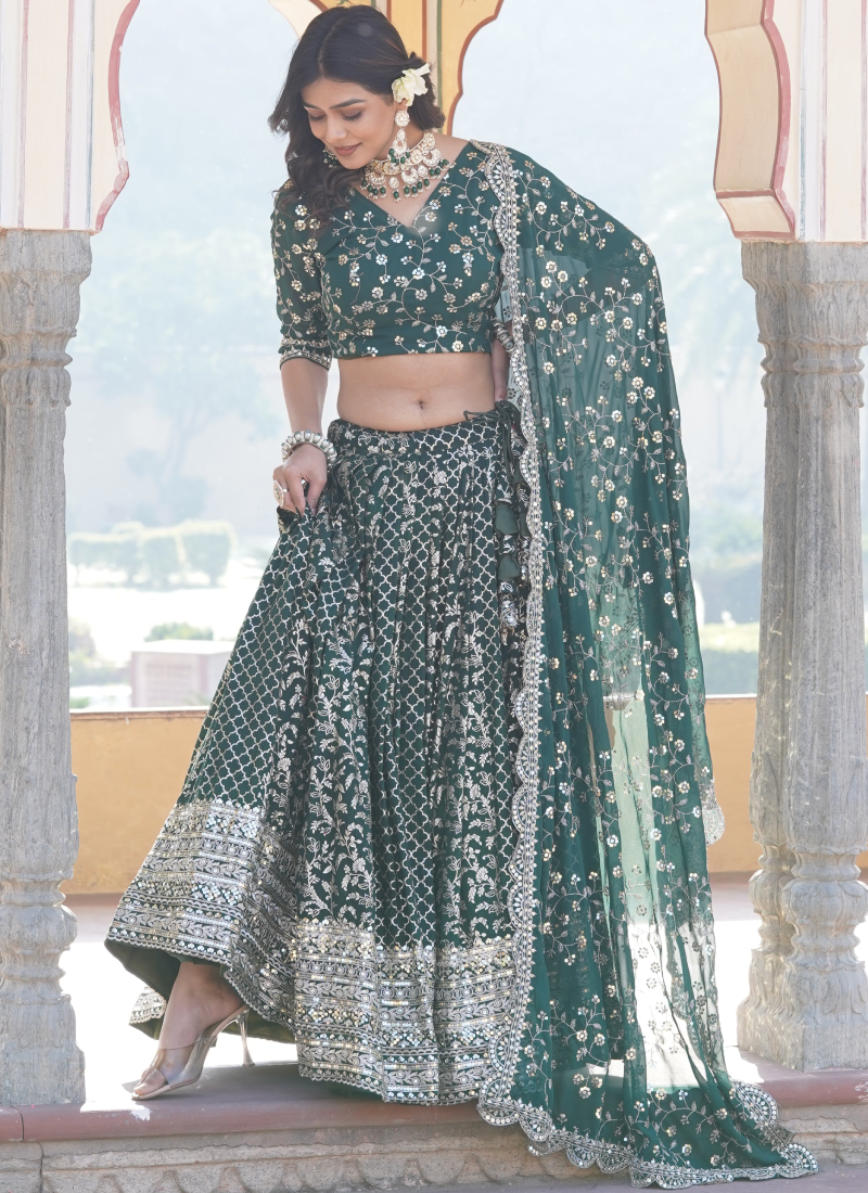 Embroidered Work Viscose Jacquard Designer Green Lehenga Choli Embroidered Work Viscose Jacquard Designer Green Lehenga Choli