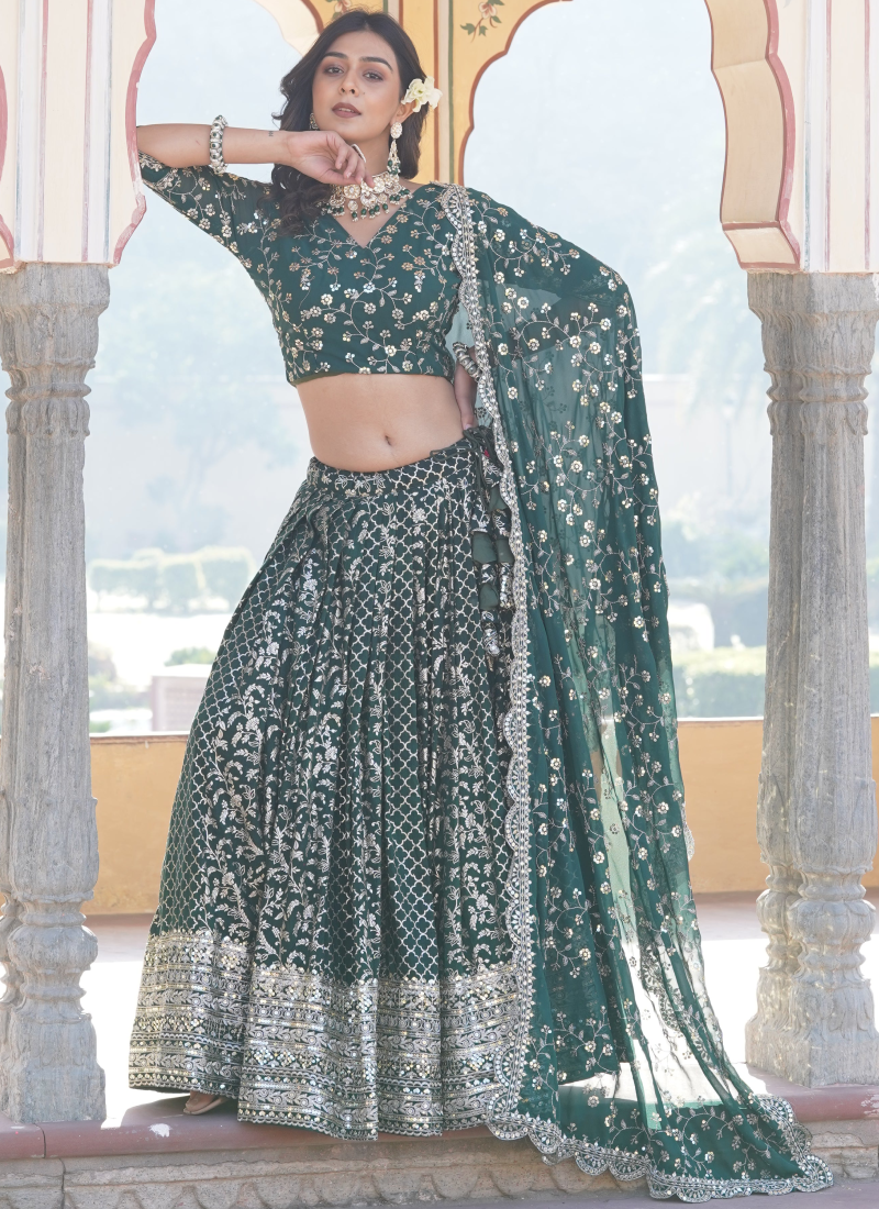 Embroidered Work Viscose Jacquard Designer Green Lehenga Choli Embroidered Work Viscose Jacquard Designer Green Lehenga Choli