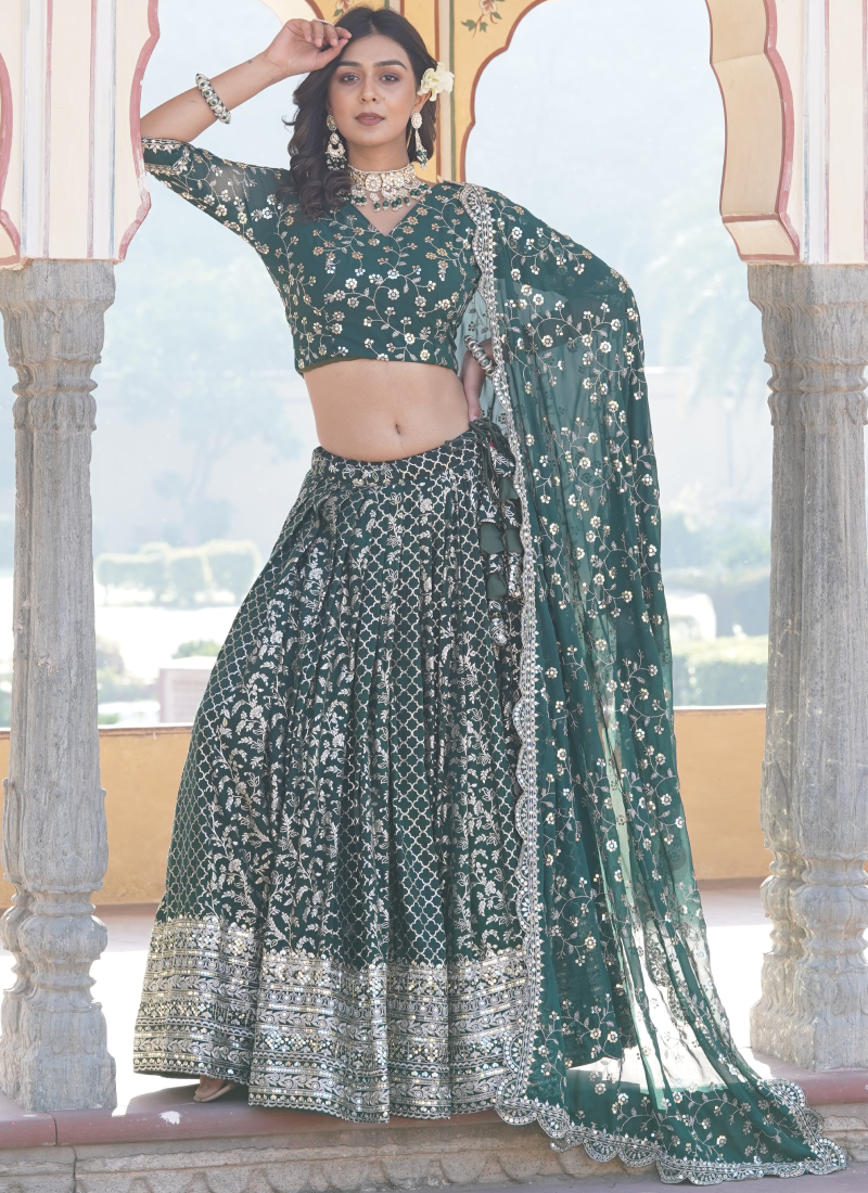 Embroidered Work Viscose Jacquard Designer Green Lehenga Choli Embroidered Work Viscose Jacquard Designer Green Lehenga Choli