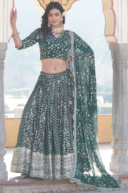 Embroidered Work Viscose Jacquard Designer Green Lehenga Choli
