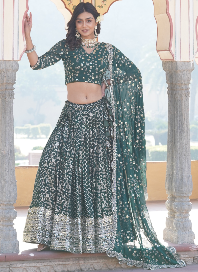 Embroidered Work Viscose Jacquard Designer Green Lehenga Choli Embroidered Work Viscose Jacquard Designer Green Lehenga Choli