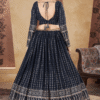 Close-up of Navy Blue Lehenga Choli's Foil Work Design Highlights the Artistry Behind this Indian...