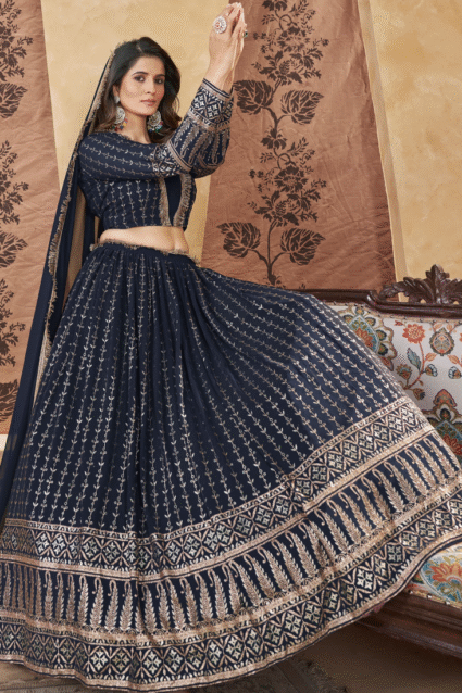 Navy Blue Lehenga Choli with Foil Work - Perfect for Weddings