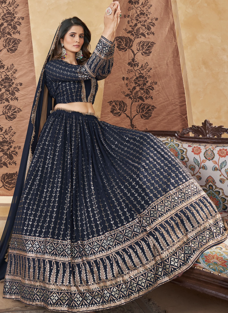 Navy Blue Lehenga Choli with Foil Work - Perfect for Weddings Navy Blue Lehenga Choli with Foil Work - Perfect for Weddings
