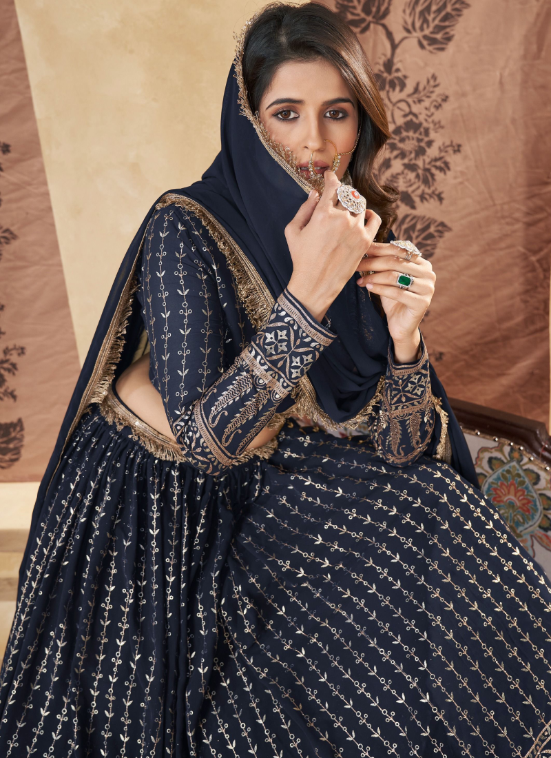Navy Blue Lehenga Choli with Foil Work - Perfect for Weddings Navy Blue Lehenga Choli with Foil Work - Perfect for Weddings