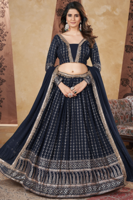 Navy Blue Lehenga Choli with Foil Work - Perfect for Weddings