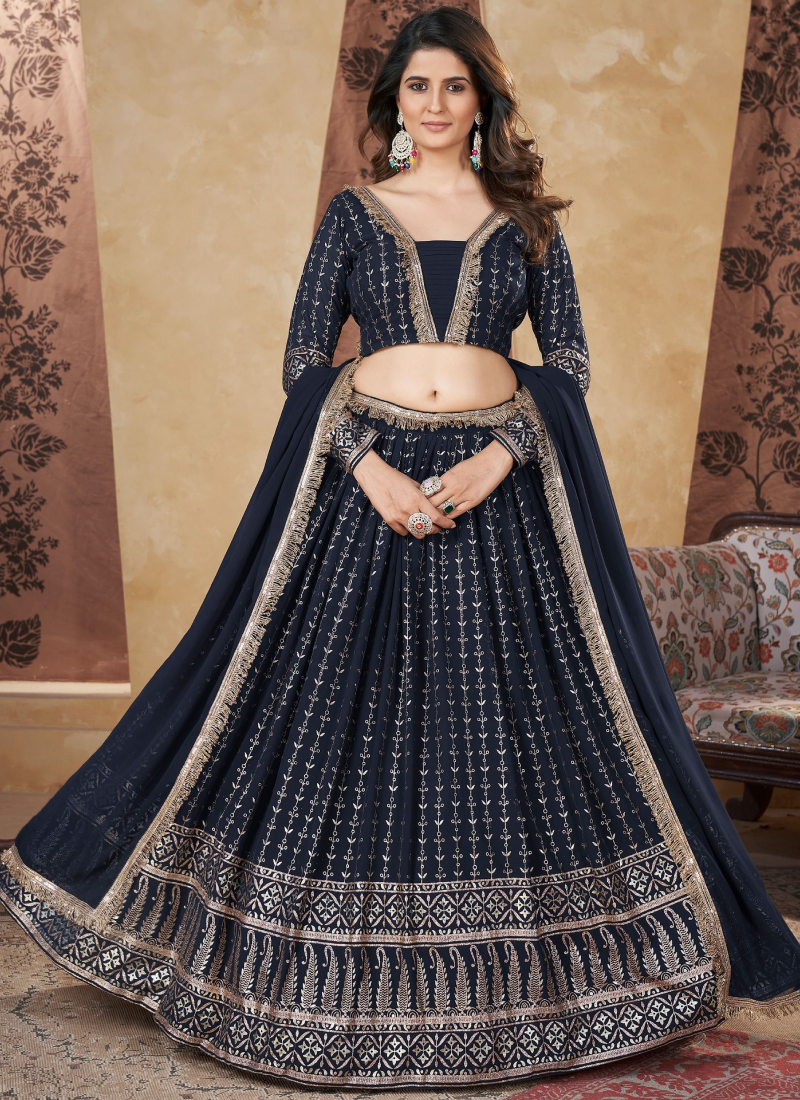 Navy Blue Lehenga Choli with Foil Work - Perfect for Weddings Navy Blue Lehenga Choli with Foil Work - Perfect for Weddings