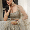 Detailed view of sequence work on ivory net lehenga choli highlights the craftsmanship and attent...
