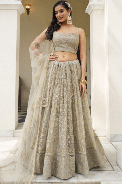 Ivory Net Lehenga Choli with Sequence Work - Reception Wear