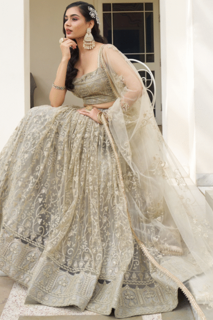 Ivory Net Lehenga Choli with Sequence Work - Reception Wear