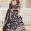 Close-up of Black Floral Lehenga Choli's Floral Pattern and Beadwork on the Lehenga for a Unique ...