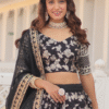 Front View of Black Floral Lehenga Choli in Black Color with White Floral Embroidery and Beads, I...