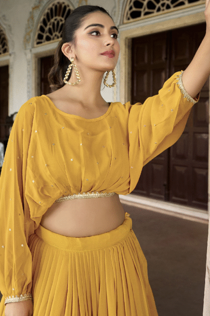Haldi Yellow Embroidered Crop Top Lehenga - Fully Stitched